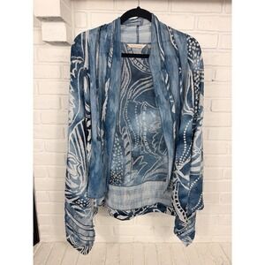 Soft Surroundings Womens Open Front Cardigan Medium Blue Floral Beach Resort